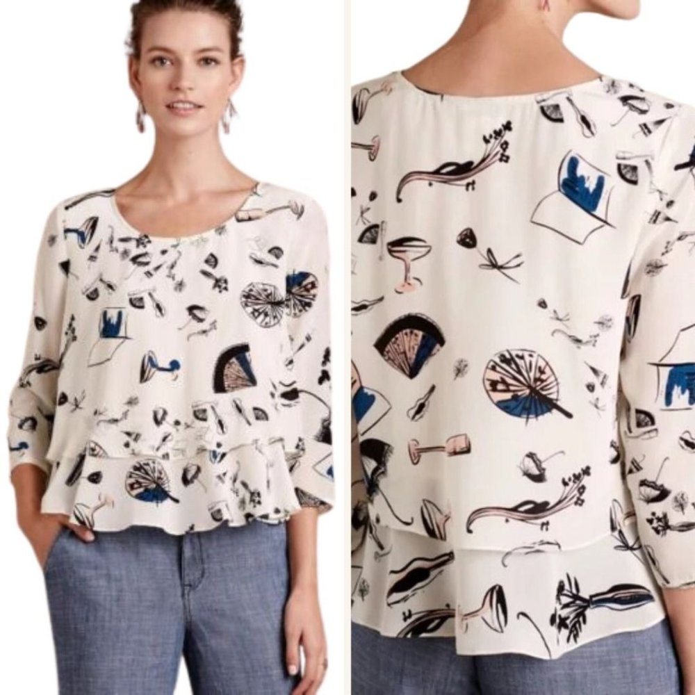 Anthropologie Maeve Womens Silk Top sz 4 On The Town Graphic Print Blouse Paris